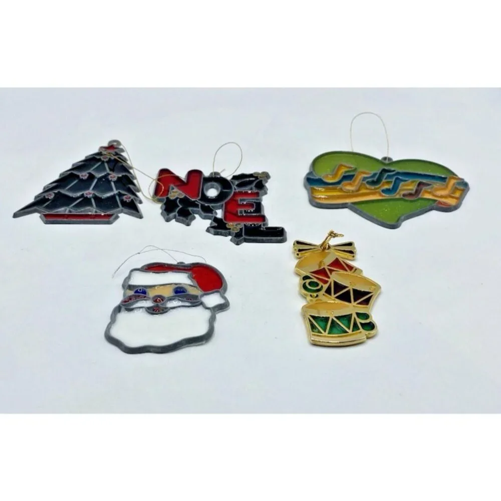 Lot 5 Vintage Plastic Christmas Ornaments Faux Stained Glass Suncatchers Decor